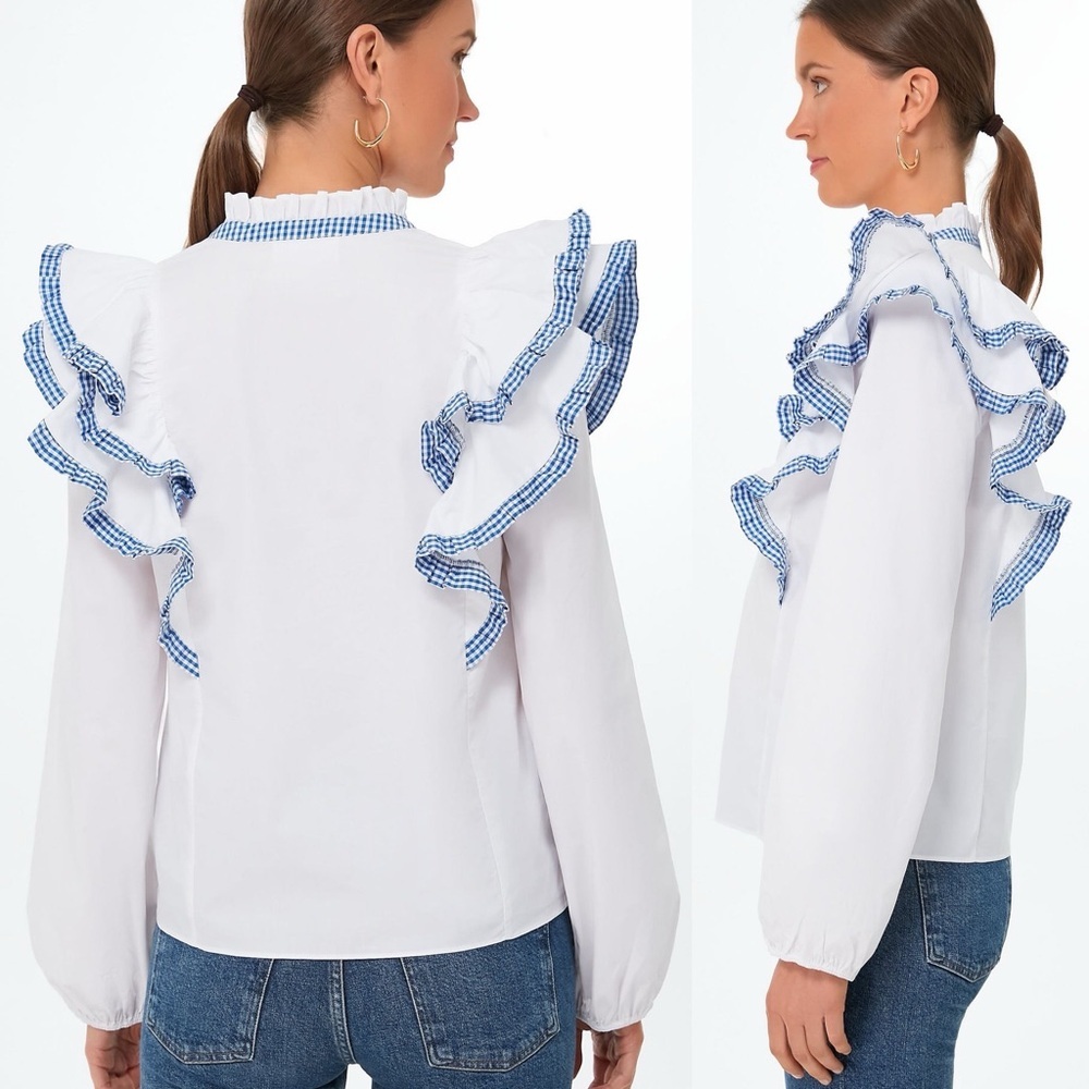 Tuckernuck Hyacinth House Blue Gingham Ruffle Holly Blouse Top Size XS White - Picture 3 of 14